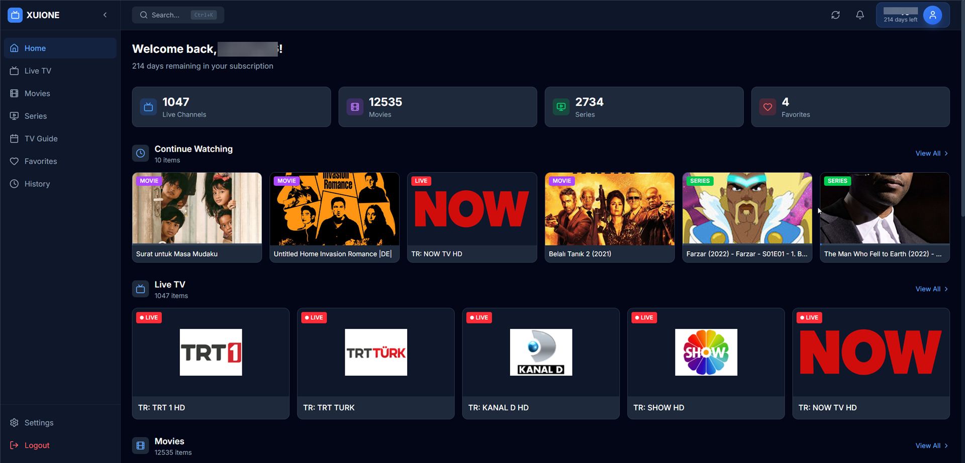 XUIONE WEBPLAYER PRO Dashboard